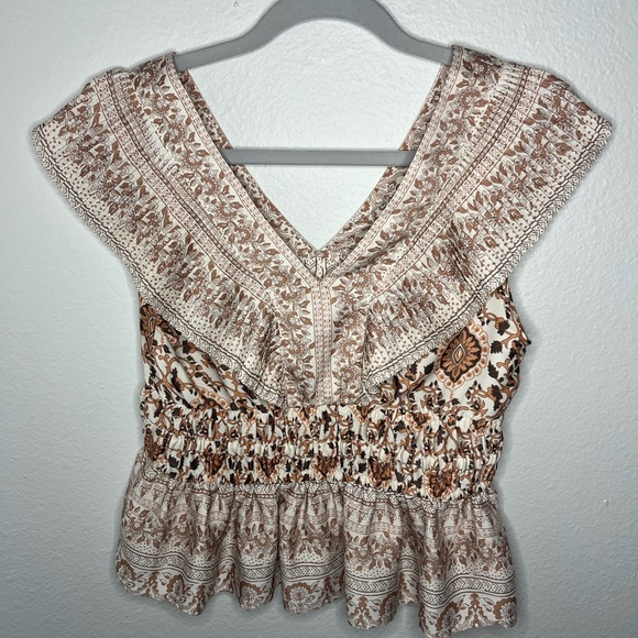 Rachel Zoe Tan and Brown Smocked Peplum Boho Blouse - Picture 2 of 5